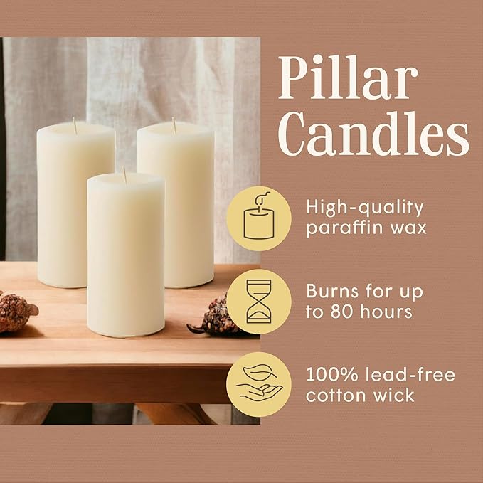 Mister Candle Dripless Unscented Ivory Pillar Candles Hand Poured, Solid Color Non-Scented Candles