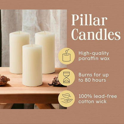 Mister Candle Dripless Unscented Ivory Pillar Candles Hand Poured, Solid Color Non-Scented Candles