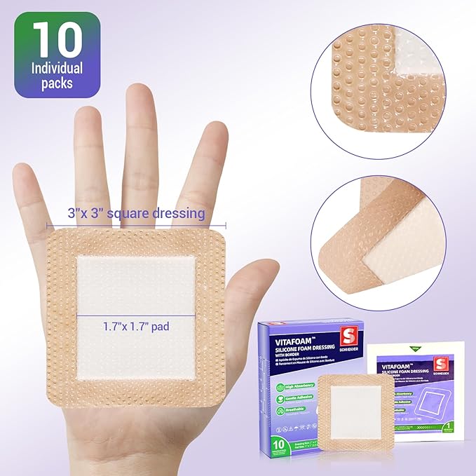 Silicone Foam Dressing 3" x 3" with Border, High Absorbency Wound Bandage, Gentle Adhesion, Soft