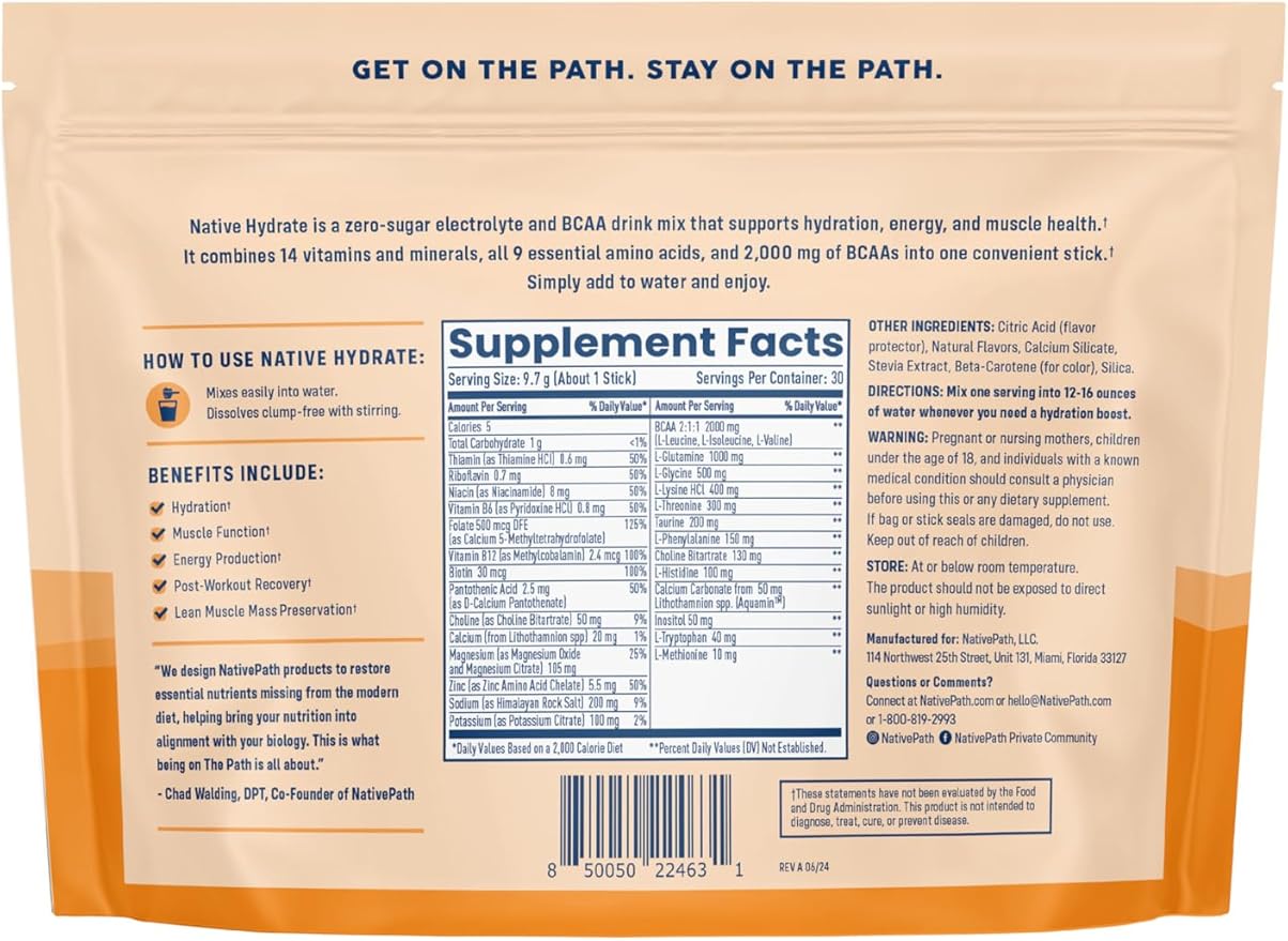 NativePath Native Hydrate Stick Packs, Sugar Free Electrolytes Powder with BCAAs, Tangerine