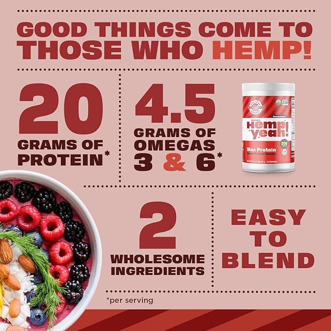 Manitoba Harvest Hemp Yeah Organic Max Protein Powder, Unsweetened, 16oz, with 20g Protein and 4.5g