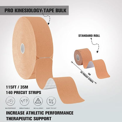 Pro Kinesiology Tape Precut Bulk, 115Ft Athletic Tape for Muscle Joint Support, 140 Strips for Knee