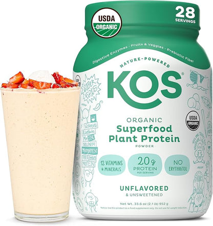 KOS Vegan Protein Powder, Unflavored & Unsweetened - Low Carb Pea Protein Blend, Organic Superfood