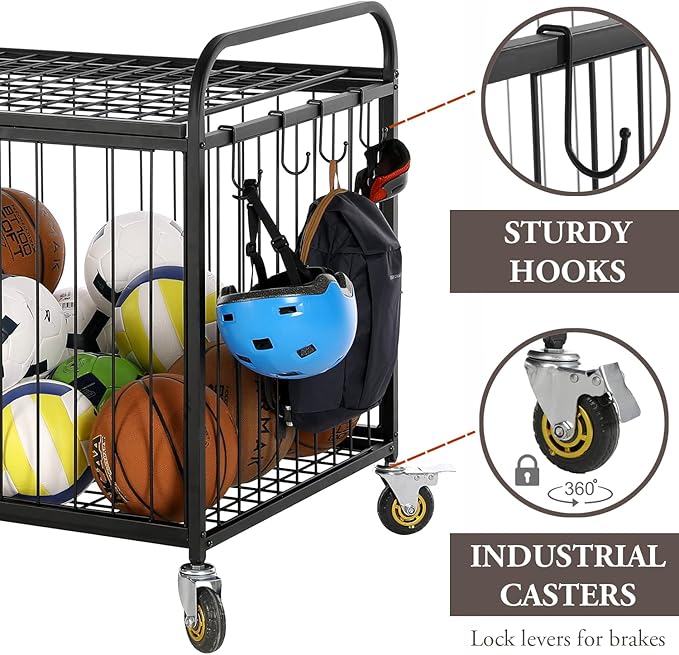 MyGift Large Capacity Metal Rolling Multi Sports Ball Cage Storage Hopper, Gym Equipment Basket