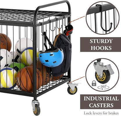 MyGift Large Capacity Metal Rolling Multi Sports Ball Cage Storage Hopper, Gym Equipment Basket