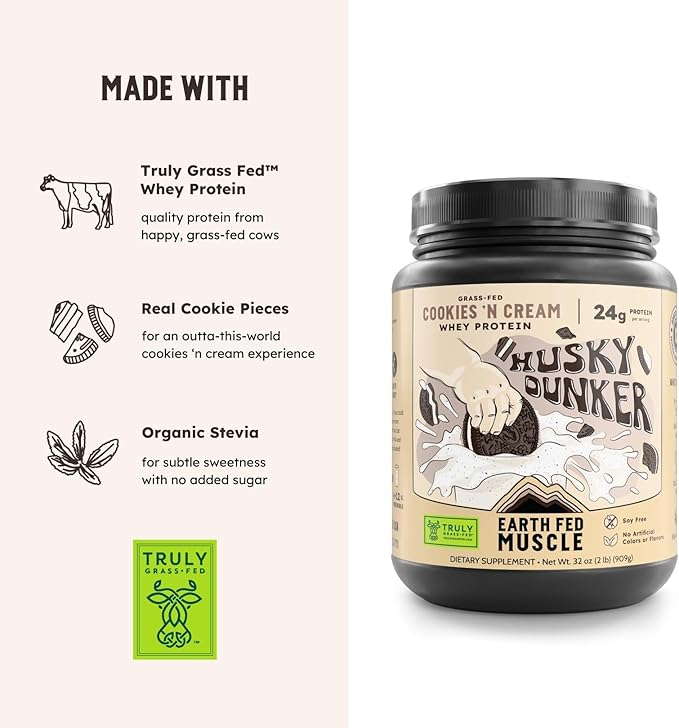 Earth Fed Muscle Husky Dunker Cookies N' Cream Truly Grass Fed Whey Protein Powder - No Artificial