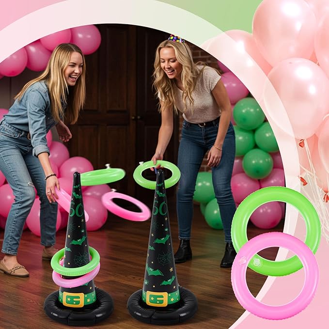 Leitee 10 Pcs Halloween Inflatable Witch Hat Ring Toss Game Set Carnival Pink and Green Inflatable