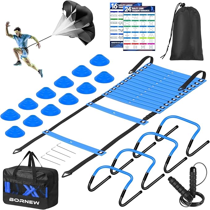 Soccer Training Equipment, Agility Speed Training Set with 20ft Speed Ladder, 12 Cones, 4