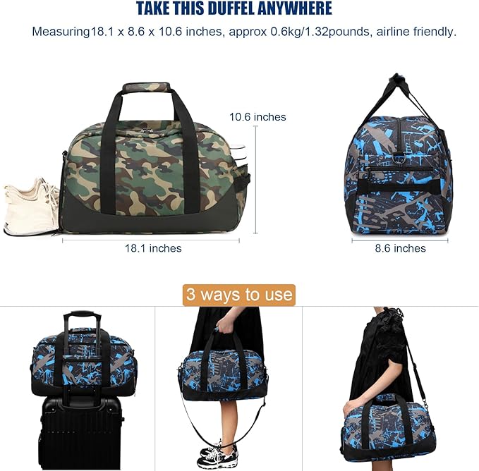 Octsky Boys Overnight Bag Weekender Bag Sports Gym Travel Duffel Bag with Shoe Compartment, Camo