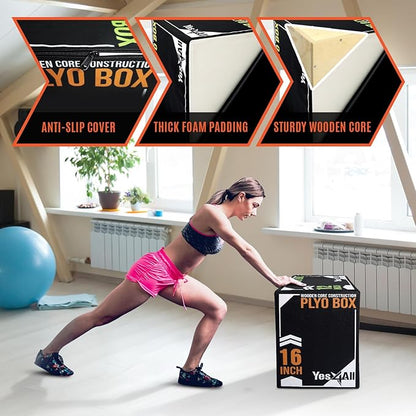 Yes4All 3-in-1 Soft-Padded Plyo Box With Wooden Core, Non-Slip Multi-Use Cushioned Plyometric Jump