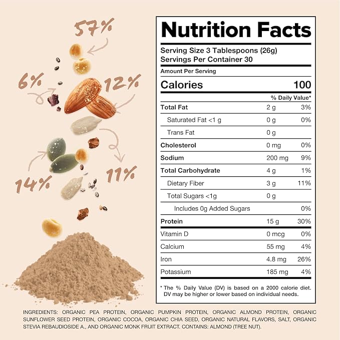Complement Organic Chocolate Vegan Protein Powder (30 Servings) Low Carb, Low Calorie, Sugar Free