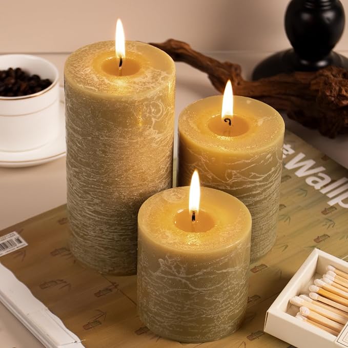 KONNI Wax Yellow Pillar Candles Set of 3, 3"x 3" Unscented Pillar Candles Bulk, 30 Hours Long