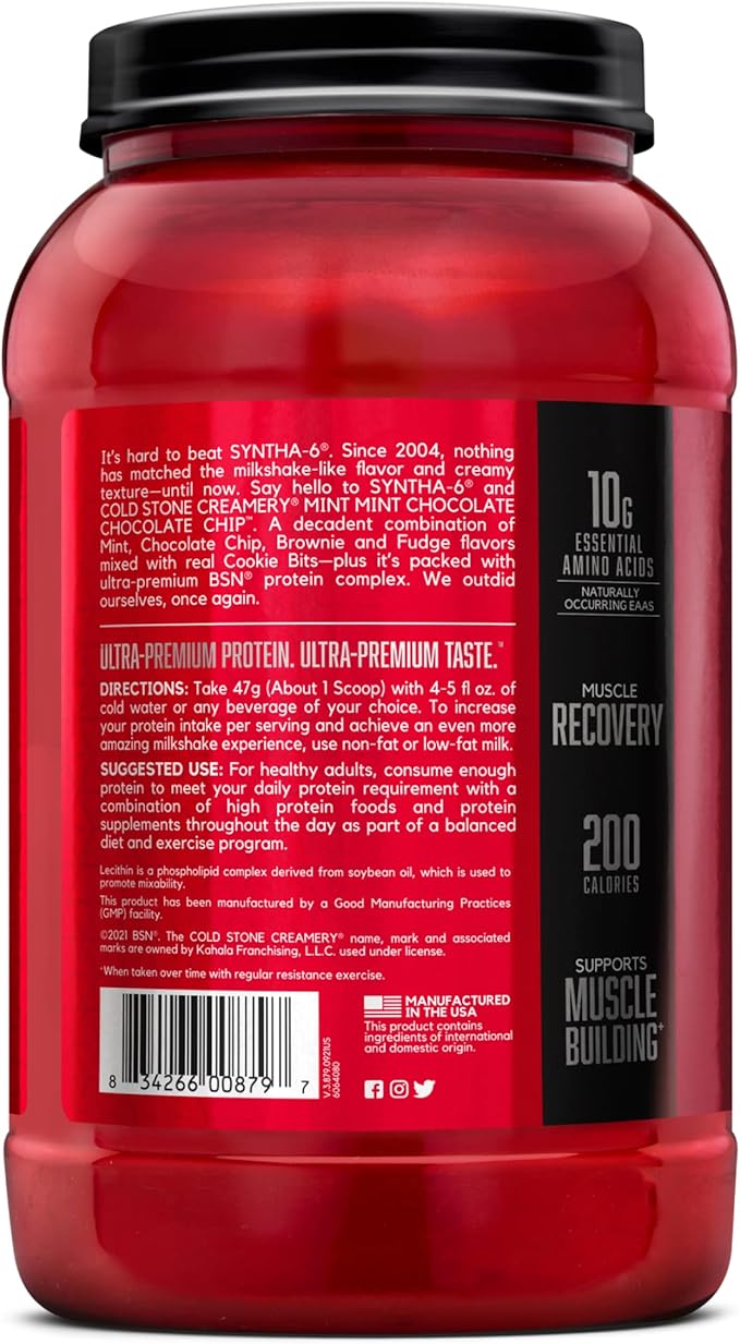 BSN Syntha-6 Whey Protein Powder, Cold Stone Creamery- Mint Mint Chocolate Chocolate Chip Flavor