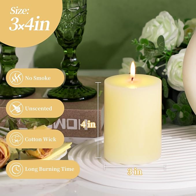 KONNI Ivory Pillar Candles Set of 3, 3"x 4" Unscented Pillar Candles Bulk, 39 Hours Long Burning