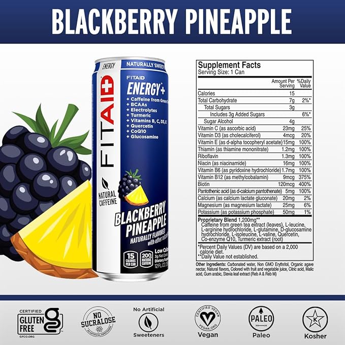 FITAID ENERGY, 200mg Natural Caffeine, Keto, Blackberry Pineapple, Optimum Performance Formula: