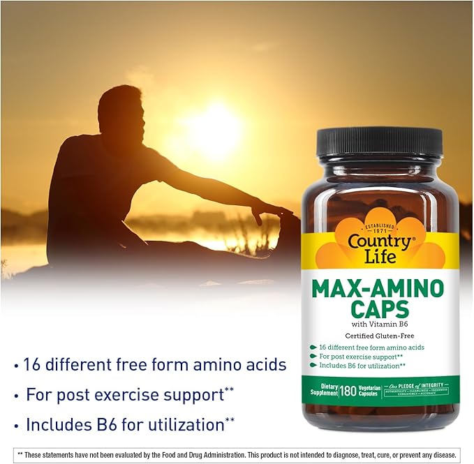 Country Life Maxi-Amino with 16 Free Form Amino Acids, 180 Vegetarian Capsules, Certified Gluten