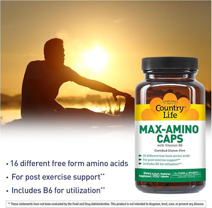 Country Life Maxi-Amino with 16 Free Form Amino Acids, 180 Vegetarian Capsules, Certified Gluten