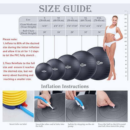 Soft Exercise ball, Anti-Burst Yoga Ball Chair Supports 2200lbs, Workout Equipment w/ Pump for