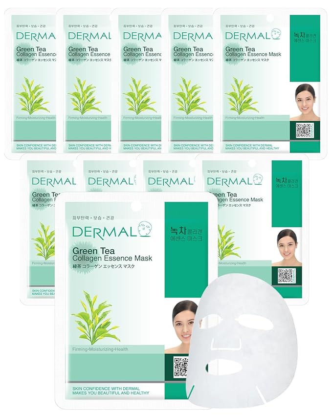 DERMAL Green Tea Collagen Essence Facial Mask Sheet 23g Pack of 10 - Hydrating and Soothing for