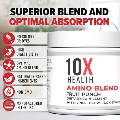 10X Health Amino Blend Pre Workout Powder for Men - Fruit Punch Flavor - EAA & BCAA Powder Amino