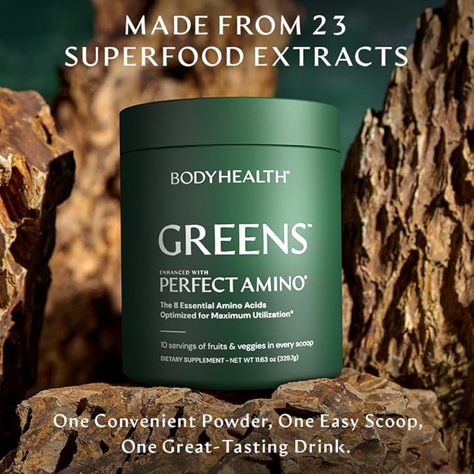 BodyHealth Greens Enhanced with PerfectAmino - Daily Superfood Green Apple Smoothie Powder with