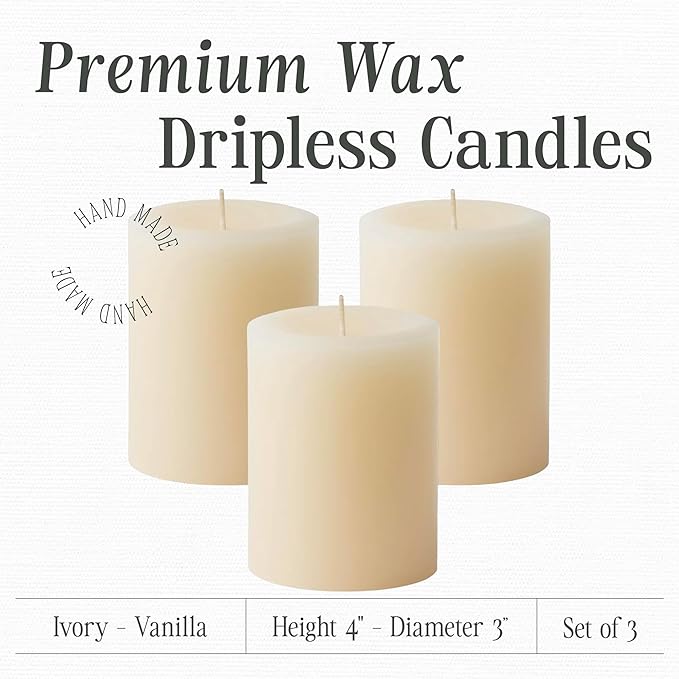 Mister Candle Dripless Vanilla Scented Ivory Pillar Candles Set of 3, Hand Made Vanilla Pillar
