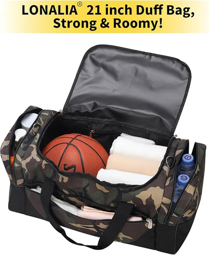 Gym Bag Sport Duffle Bag for Men - 21 in Weekender Travel Bag with Trolley Sleeve (Camo)