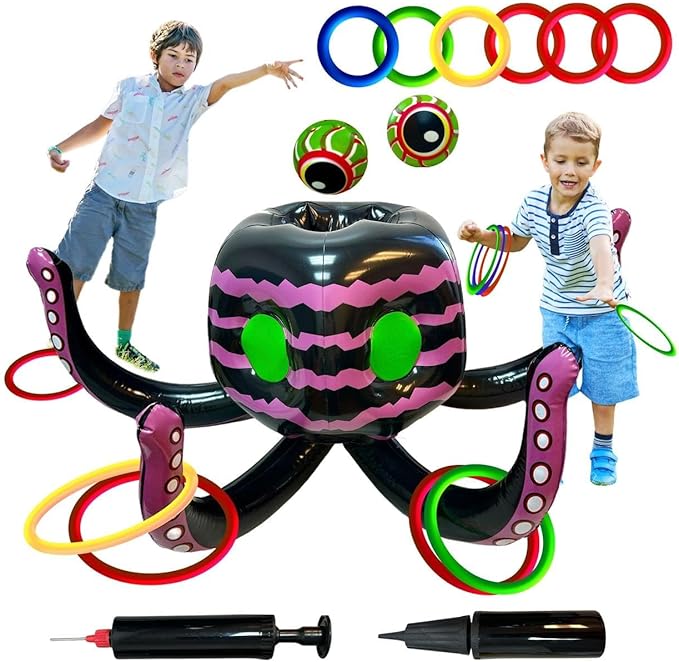 GIFTEXPRESS Sea Creature Octopus Ring Toss Game 4-in-1 – Halloween Candy Bowl, Basketball Hoop