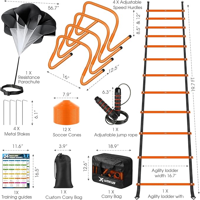 Agility Ladder Speed Training Equipment Set-20ft Agility Ladder,12 Soccer Cones,4 Hurdles, Jump