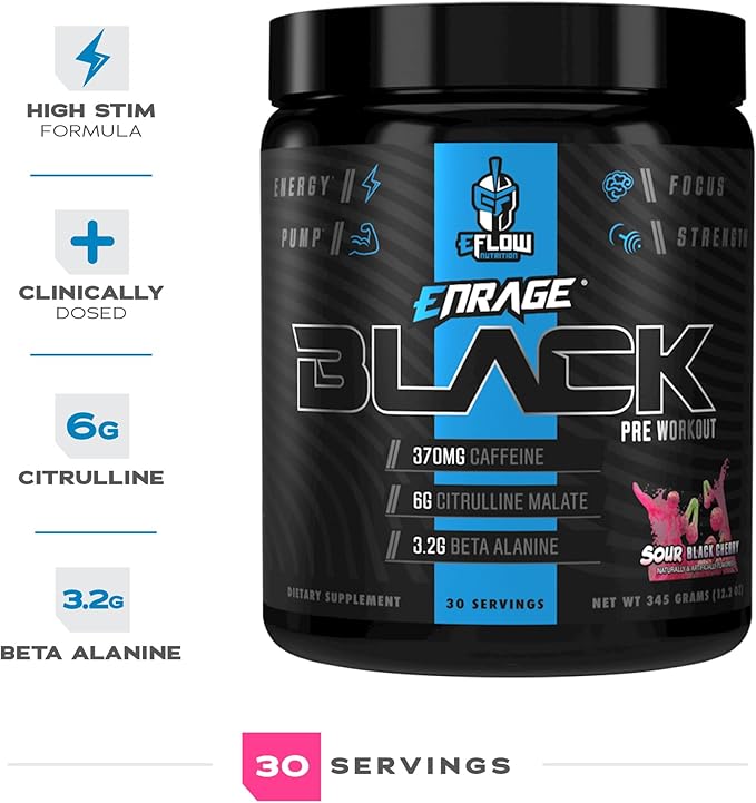 eFlow Nutrition Enrage Black High Stimulant Pre Workout Supplement - Preworkout Powder to Boost