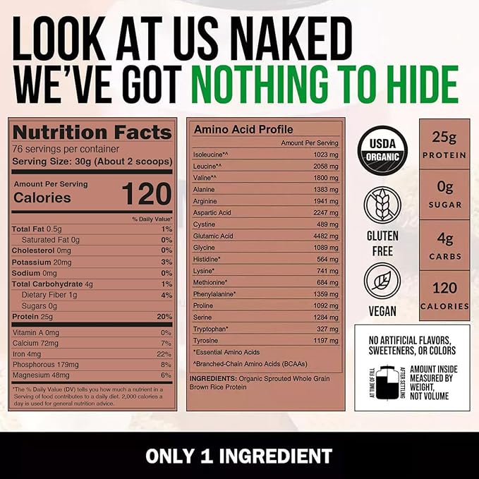 Naked Rice - Organic Brown Rice Protein Powder - Vegan Protein Powder - 5Lb Bulk, GMO Free, Gluten