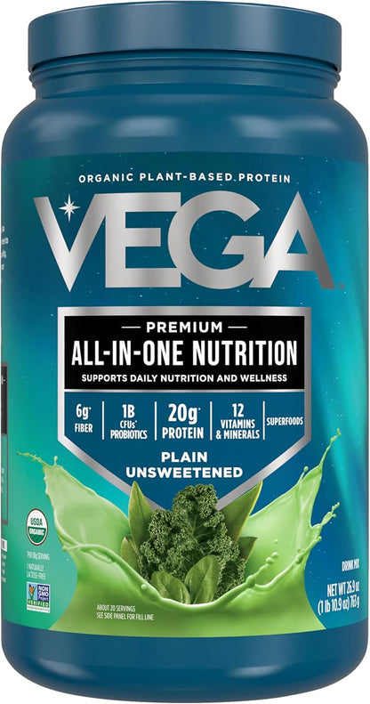 Vega All in One Nutrition Organic - 20g Plant-Based Pea Protein, Unsweetened, 20 Servings, Vitamins