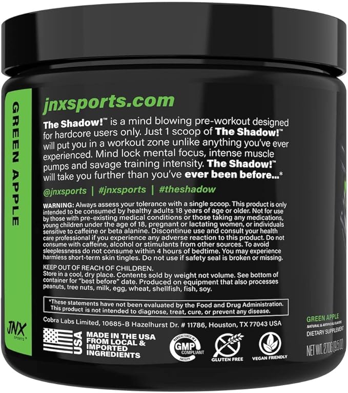 JNX SPORTS The Shadow! 350mg of Caffeine Hard Core Preworkout - Green Apple 30 Servings | Electric