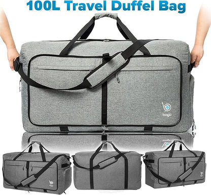 Bago Large Foldable Duffel Bags for Traveling Women & Men - 100L Packable Duffle Bag for Travel with Shoe Compartment - Water Repellant, Heavy Duty, Lightweight Folding & Collapsible (SnowGray)