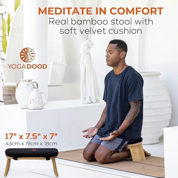 Yoga Dood Meditation Bench - Folding Bamboo Meditation Stool with Velvet Cushion & Carry Bag, Seiza