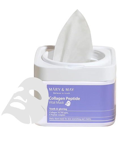 Mary&May Collagen Peptide Vital Mask | 30 Sheets | Daily Korean Face Mask | Firming & Wrinkle Care