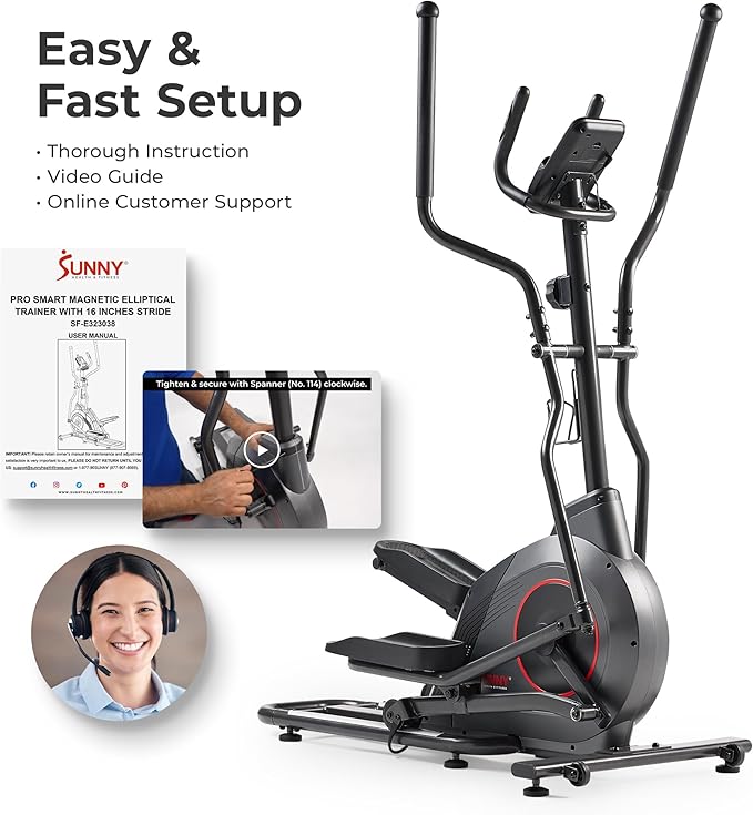 Sunny Health & Fitness Smart Upright Elliptical w/Pulse Sensor Built-in, Indoor Full-Body