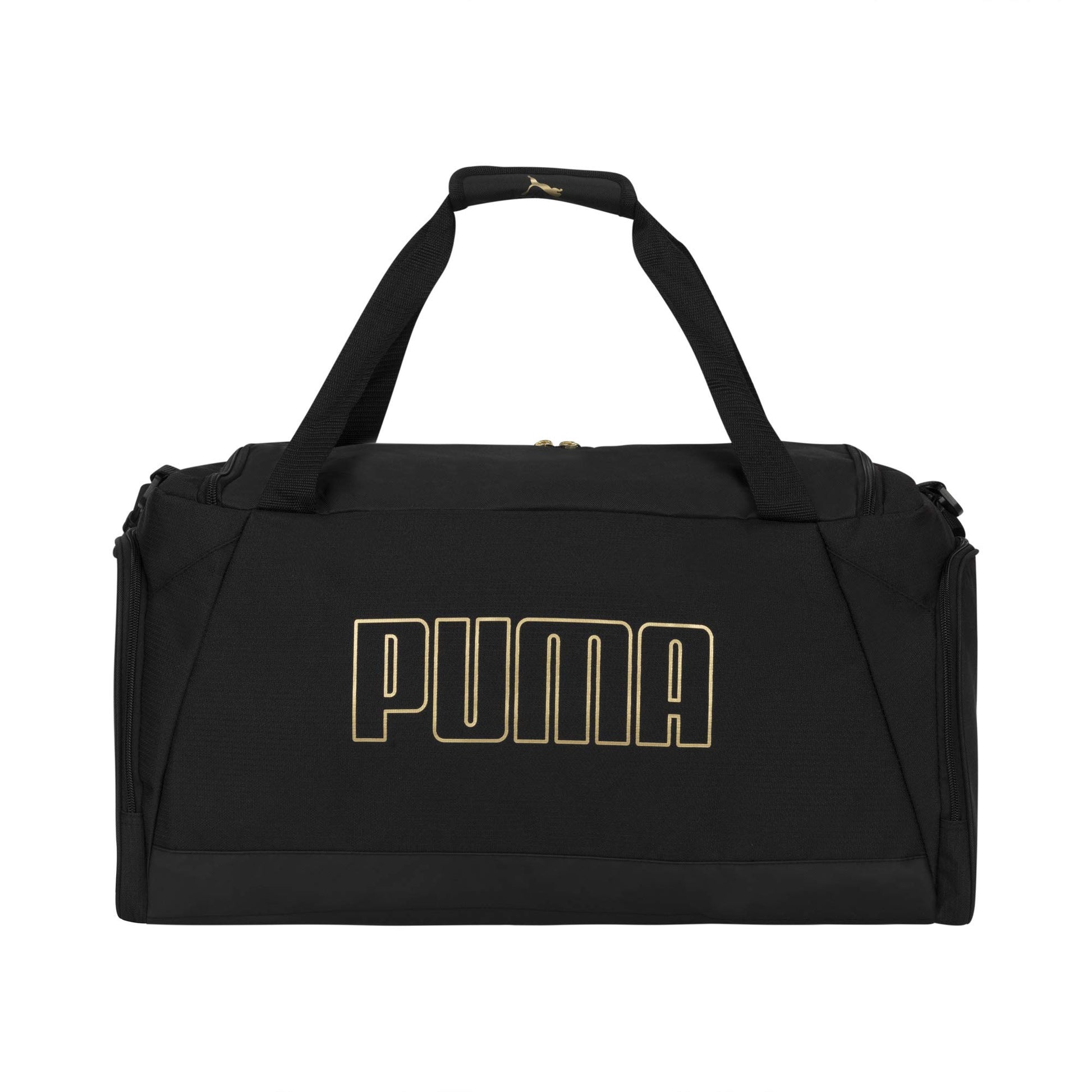 PUMA Accelerator Duffel Bag with Removable Strap & Shoe Pocket, Black/Gold, One Size