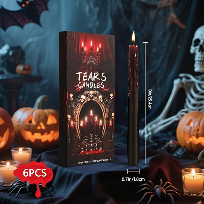 6 Pack Halloween Bleeding Candles, Black Vampire Tears Taper Candles Spooky Blood Drip Candles Set