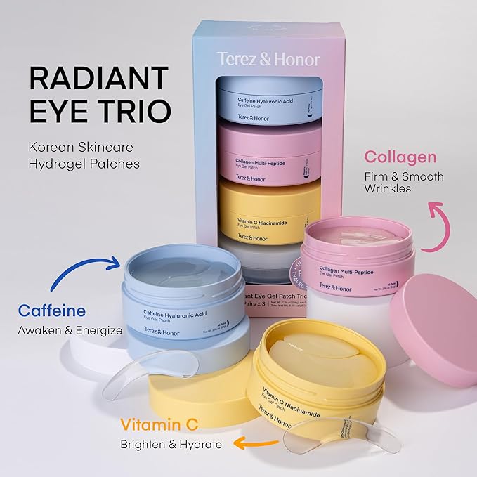 TEREZ & HONOR Eye Patches Set: Korean Hydrogel Eye Masks, 3 Pack (x 60 Pcs) with Caffeine, Collagen