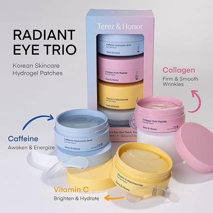 TEREZ & HONOR Eye Patches Set: Korean Hydrogel Eye Masks, 3 Pack (x 60 Pcs) with Caffeine, Collagen