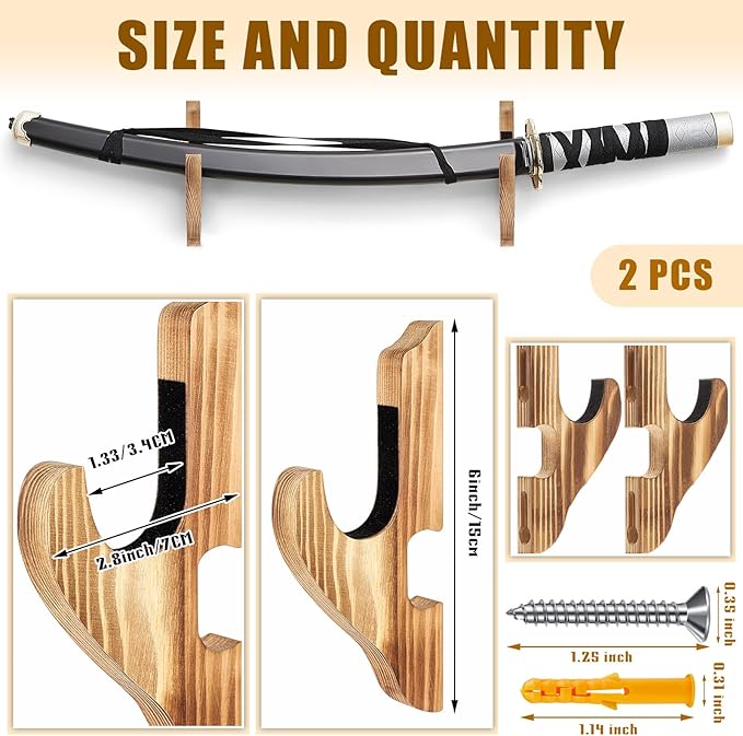 Chunful 2 Pcs Sword Wall Mount Sword Holder Katana Stand 1 Tier Hanger Adjustable Wooden Mounts for