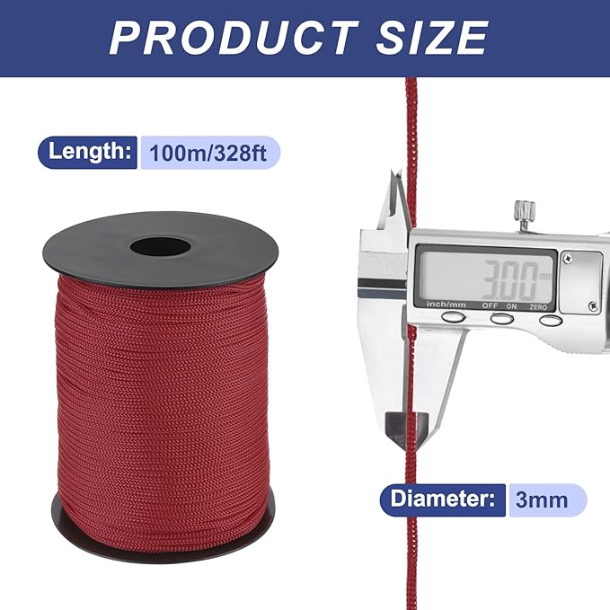 MECCANIXITY 1/8 Inch Polypropylene Rope Braided Ropes, 328ft Nylon Rope Hollow Utility Cord for