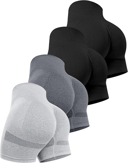 CHRLEISURE Women's 4 Packs Workout Gym Shorts, High Waisted Butt Lifting Scrunch Butt Seamless
