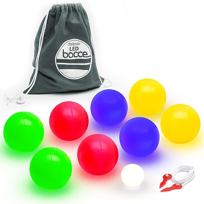 GoSports LED Bocce Ball Game Set - Includes 8 Light Up Bocce Balls, Pallino, Case and Measuring