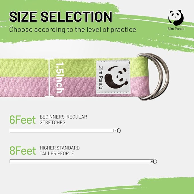 Slim Panda Yoga Strap for Stretching,Cotton Yoga Strap with Adjustable D-Ring Buckle,Non-Elastic