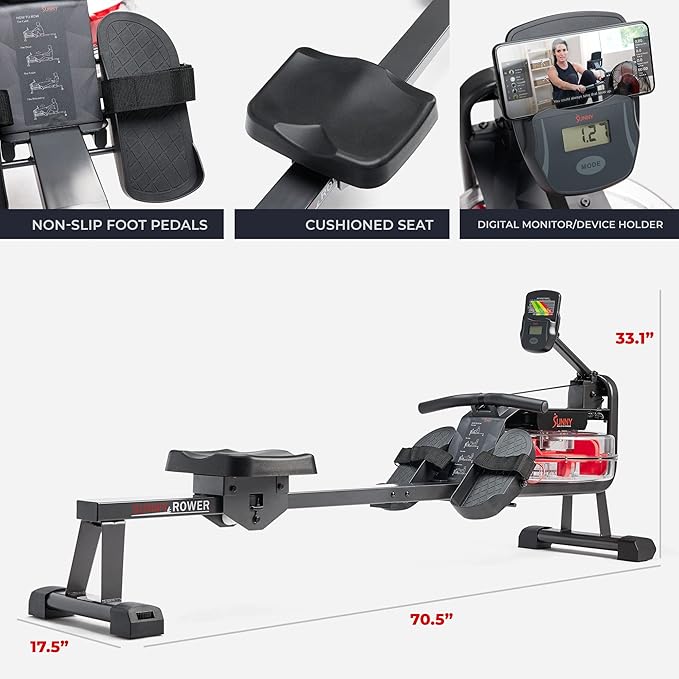 Sunny Health & Fitness Premium Water Rower w/Intensive Dynamic Real-Time Resistance, 300 LB