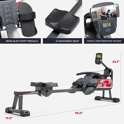 Sunny Health & Fitness Premium Water Rower w/Intensive Dynamic Real-Time Resistance, 300 LB