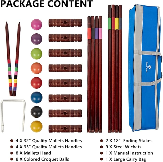 Croquet Set for Adults - 8 Players Croquette Kit with 35In Deluxe, 32In Regulation Size Rubber Wood