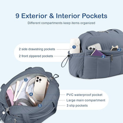 TOPDesign Travel Duffel Bag for Women, Puffer Gym Bag Sports Tote with Wet Pocket, Carry On